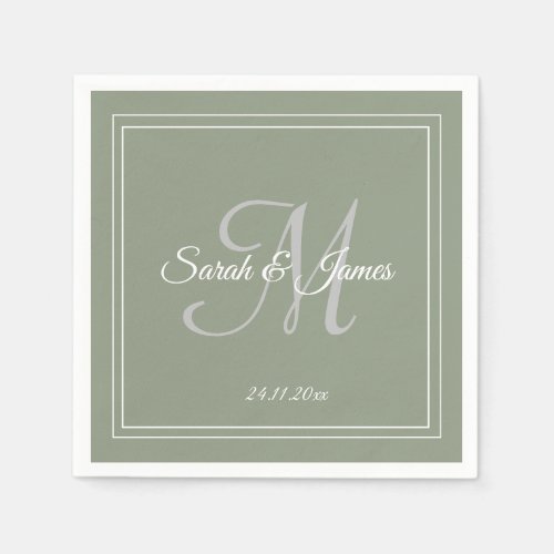 Elegant Sage Green  White Monogram Wedding Paper  Napkins