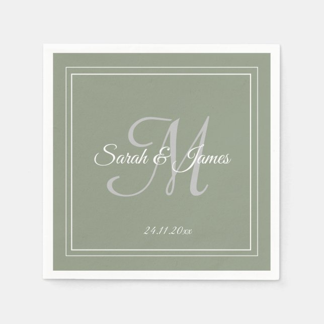 Elegant Sage Green & White Monogram Wedding Paper  Napkins (Front)