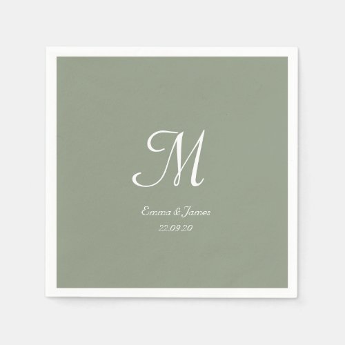 Elegant Sage Green  White Monogram Wedding Party Napkins