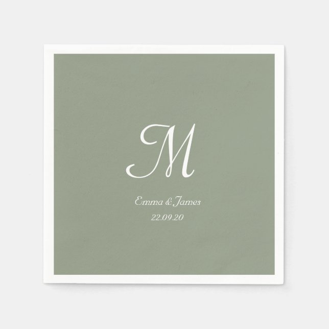 Elegant Sage Green & White Monogram Wedding Party Napkins (Front)
