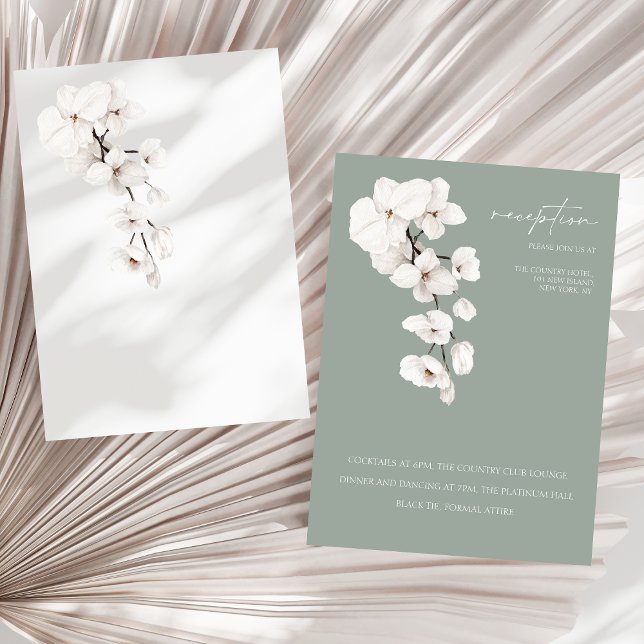 Elegant Sage Green White Orchid Reception Enclosure Card (Modern Sage Green White Orchids Wedding Reception Card)