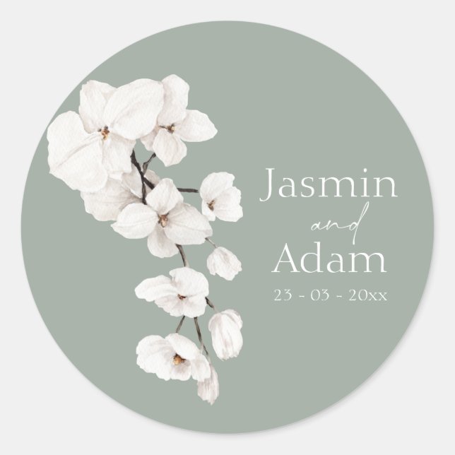 Elegant Sage Green White Orchid Wedding Classic Round Sticker (Front)