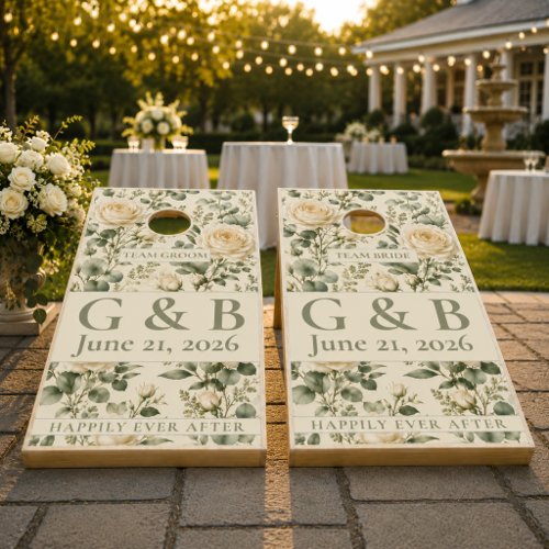 Elegant Sage Green White Rose Monogram Wedding Cornhole Set