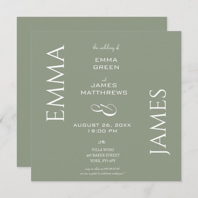 Elegant Sage Green & White Script Wedding Square  Invitation (Front/Back)