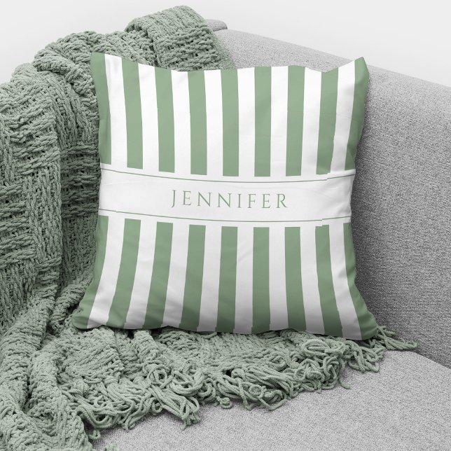 Elegant Sage Green & White Stripes Pattern Name Throw Pillow (Creator Uploaded)