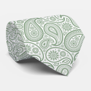 Elegant Sage Green & White Vintage Paisley Pattern Neck Tie