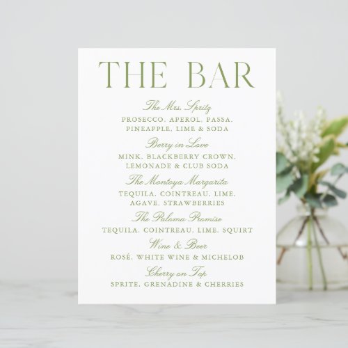 Elegant Sage Green & White Wedding Bar Sign