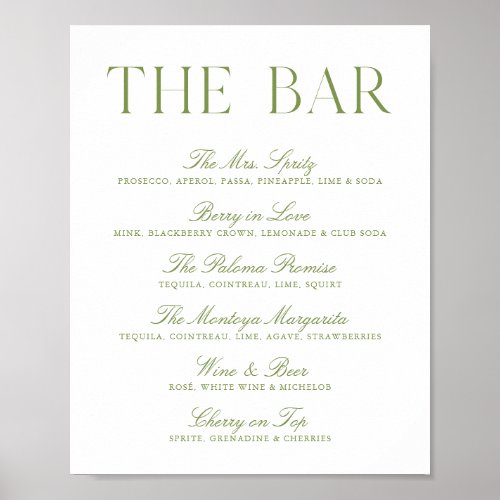 Elegant Sage Green & White Wedding Bar Sign