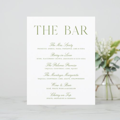 Elegant Sage Green & White Wedding Bar Sign
