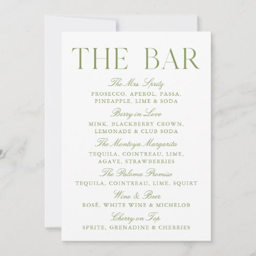 Elegant Sage Green & White Wedding Bar Sign Invitation