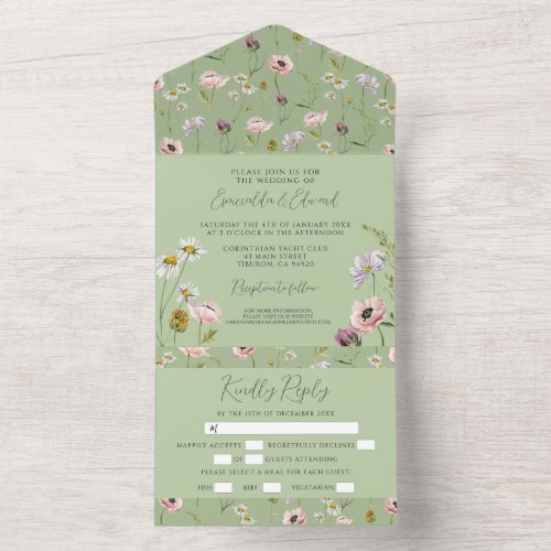 Elegant Sage Green Wild Flower Botanical Wedding  All In One Invitation