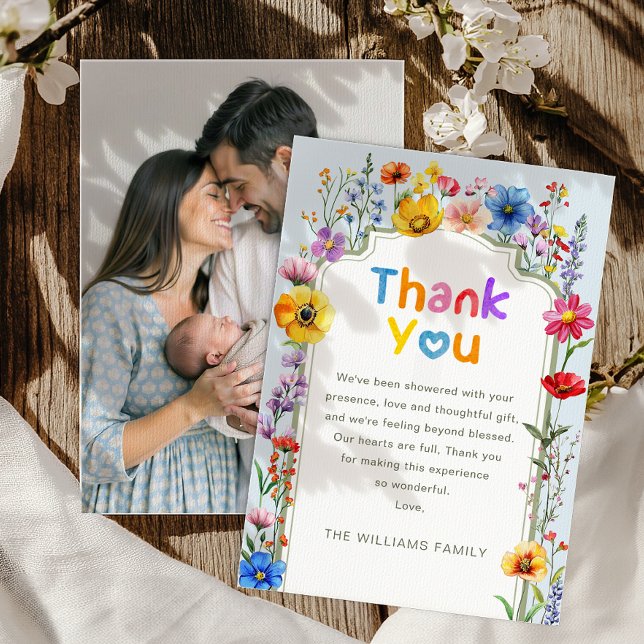 Elegant Sage Green Wildflower Baby Photo Thank You Card (Thank you card)