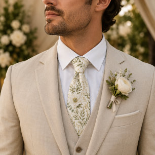 Elegant Sage Green Wildflower Botanical Wedding Neck Tie