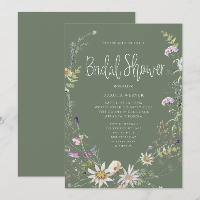 Elegant Sage Green Wildflower Bridal Shower Invitation (Front/Back)