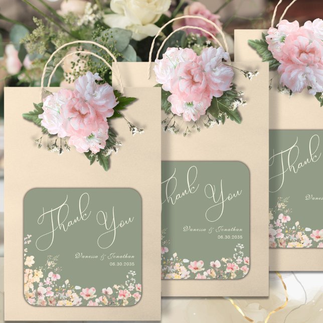 Elegant Sage Green Wildflower Thank You Square Sticker (Creator Uploaded)