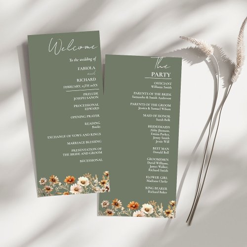 Elegant Sage Green Wildflower Wedding Program Card