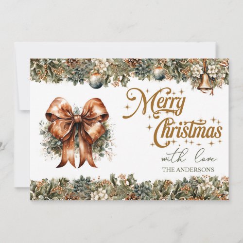 Elegant sage green wreath and faux gold Christmas Holiday Card