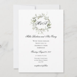 Elegant Sage Green Wreath Monogram Wedding Invitation