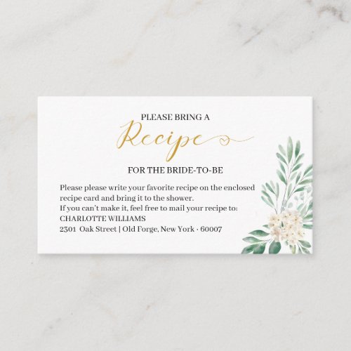 Elegant Sage Greenery Bridal Shower Recipe Request Enclosure Card