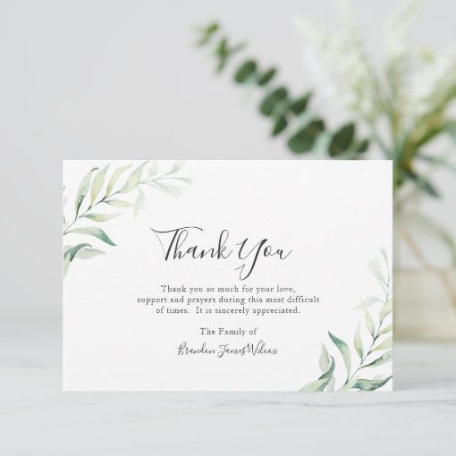 Elegant Sage Greenery Eucalyptus Funeral Thank You Card | Zazzle