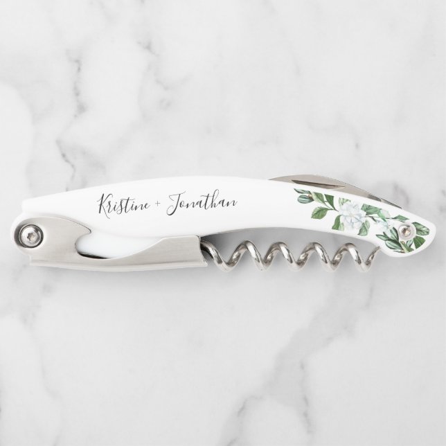 Elegant Sage Greenery Floral Script Wedding Waiter's Corkscrew (Front)