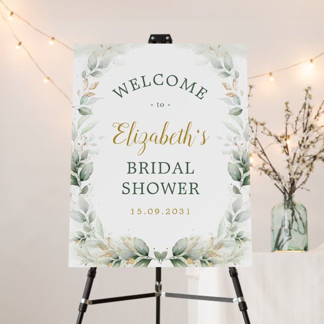 Elegant Sage Greenery Gold Bridal Shower Welcome Foam Board (In Situ (Stand))