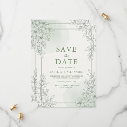 Elegant Sage Greenery Line Art Floral Save the  Date