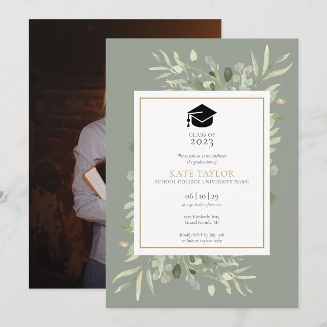 Elegant Sage Greenery Photo Graduation Party Invit Invitation (Front/Back)