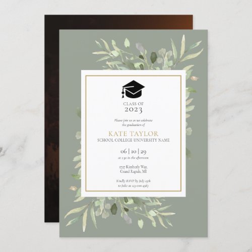 Elegant Sage Greenery Photo Graduation Party Invit Invitation