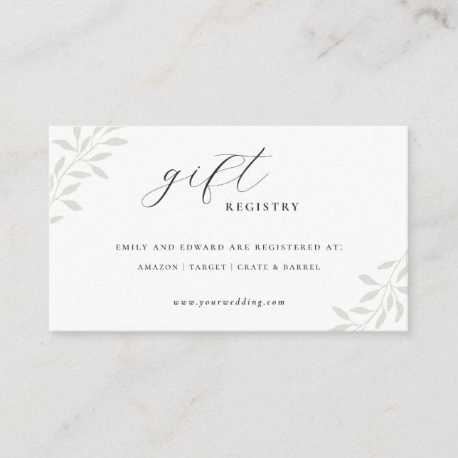 Elegant Sage Greenery Wedding Gift Registry Enclosure Card (Front)