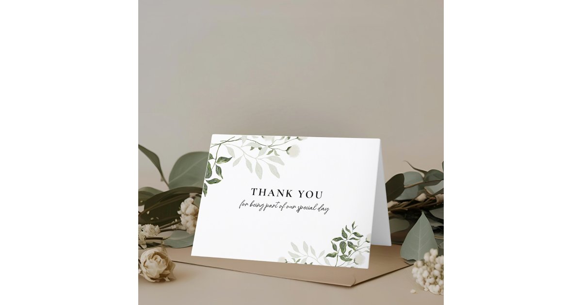 Elegant Sage Greenery White Floral Folded Wedding Thank You Card | Zazzle
