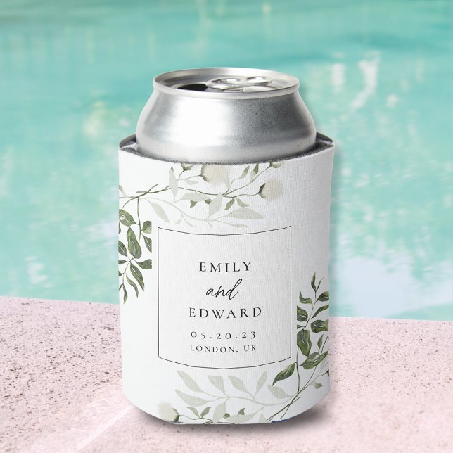 Elegant Sage Greenery & White Floral Wedding Favor Can Cooler (Creator Uploaded)