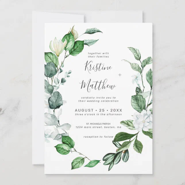 Elegant Sage Greenery Wreath White Floral Wedding Invitation | Zazzle