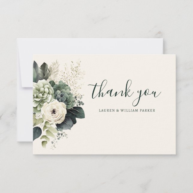 Elegant Sage Ivory Floral Wedding Thank You Card (Front)
