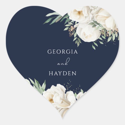 Elegant Sage Leaf  White Floral Wedding Navy Heart Sticker