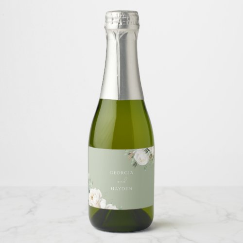 Elegant Sage Leaf  White Floral Wedding Sparkling Wine Label