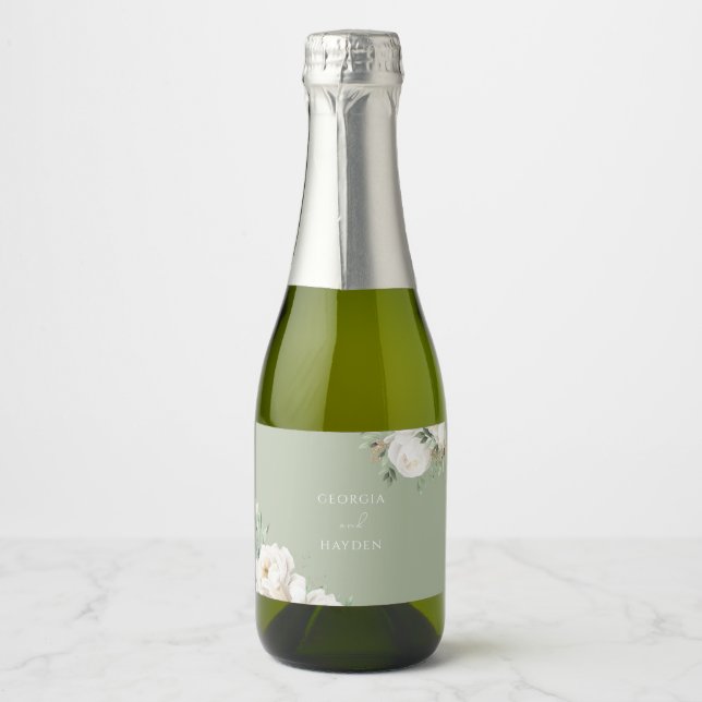 Elegant Sage Leaf & White Floral Wedding Sparkling Wine Label (Front)