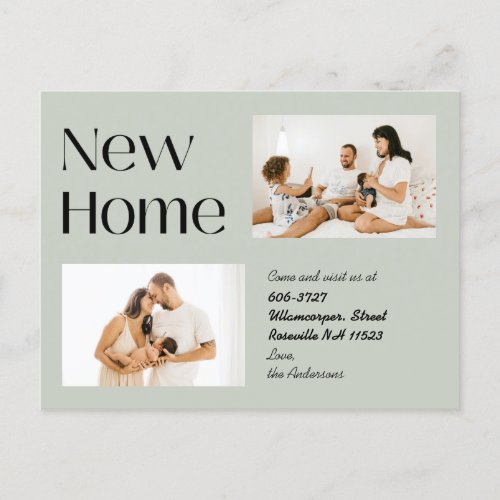 Elegant Sage Minimalist Two Photo New Home Moving Announcement Postcard