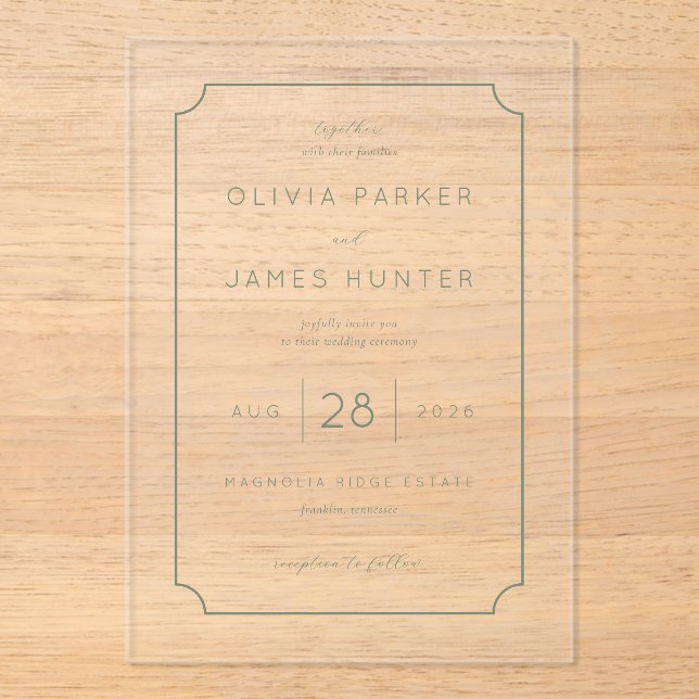 Elegant Sage Minimalist Wedding Acrylic Invitations (Front)