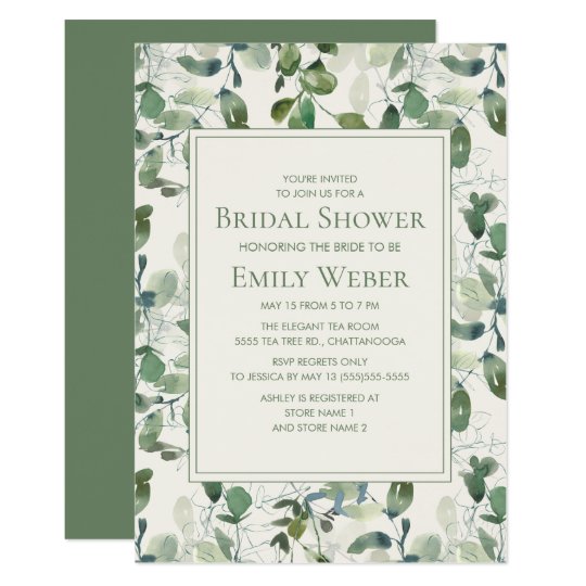 Elegant Sage Moss Green Leaves Cream Bridal Shower Invitation