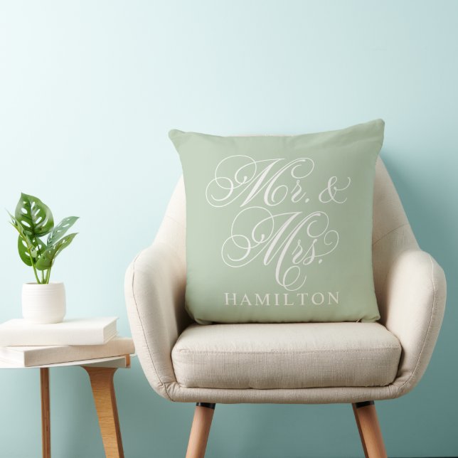 Elegant Sage Mr and Mrs Script Custom Monogram Throw Pillow (Chair)