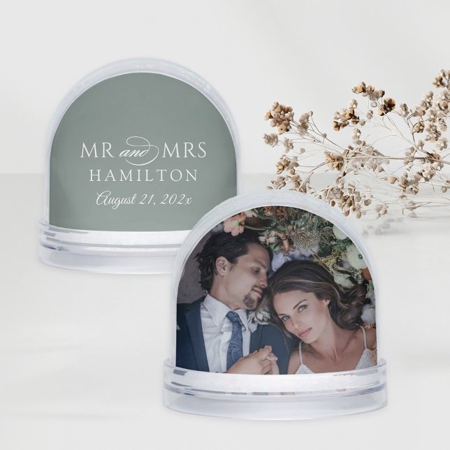 Elegant Sage Mr and Mrs Wedding Photo Snow Globe (Creator Uploaded)