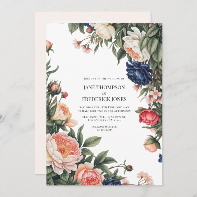 Elegant Sage, Navy & Peach Floral Wedding QR Code Invitation (Front/Back)