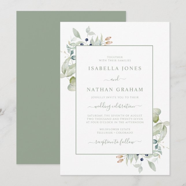 Elegant Sage Navy Watercolor Botanical Wedding Invitation (Front/Back)