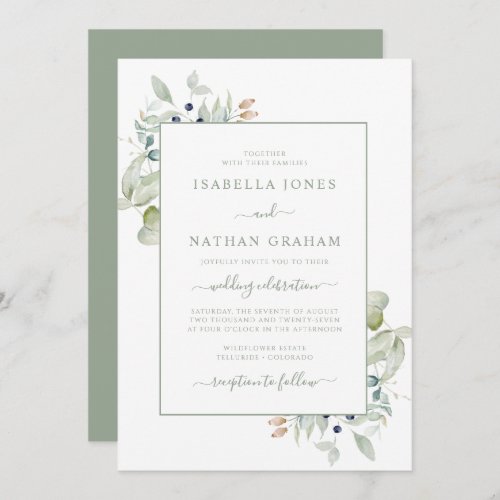 Elegant Sage Navy Watercolor Botanical Wedding Invitation