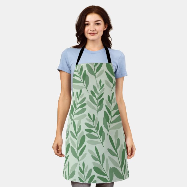 Elegant Sage & Olive Leaf Nature Pattern Apron (Worn)