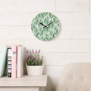Elegant Sage & Olive Leaf Nature Pattern Large Clock