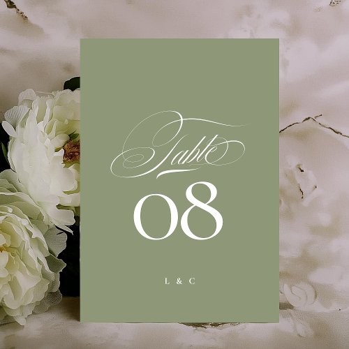 Elegant Sage on White Calligraphy Wedding Table Number