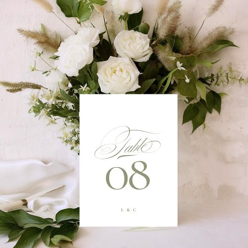 Elegant Sage on White Calligraphy Wedding Table Number