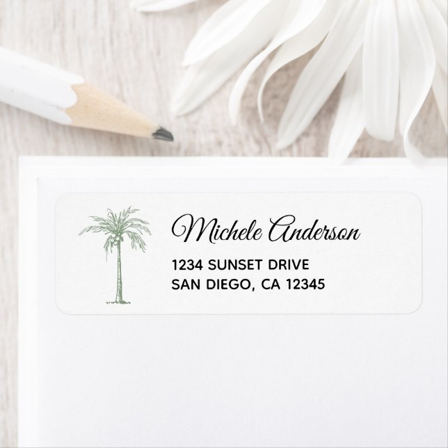 Elegant Sage Palm Tree Wedding Return Address Label (Insitu)